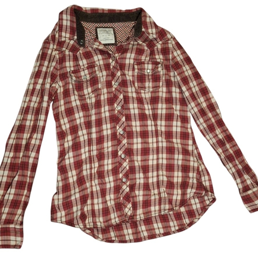 Old Navy Clothing Co. Red/White Plaid Top size Large ,100% Cotton, Long Sleeves
